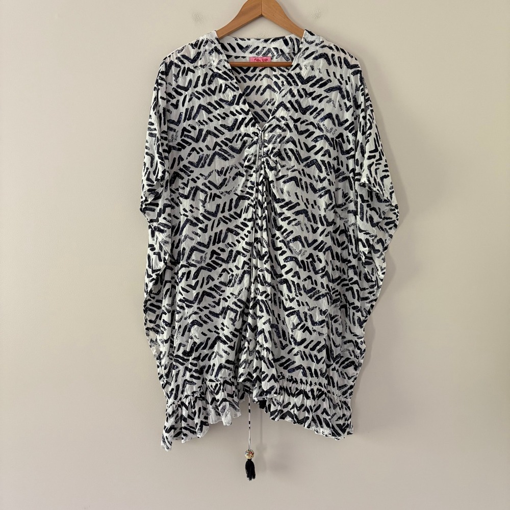 Ruby Yaya Caftan Top Medium White Navy Sequin Lace Up Boho‎ Tassel Cotton
